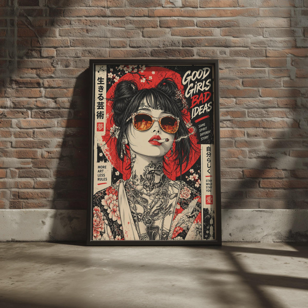Japanese Street Art Poster, Tattooed Woman, Cherry Blossom, Red Sun, Grunge Wall Art