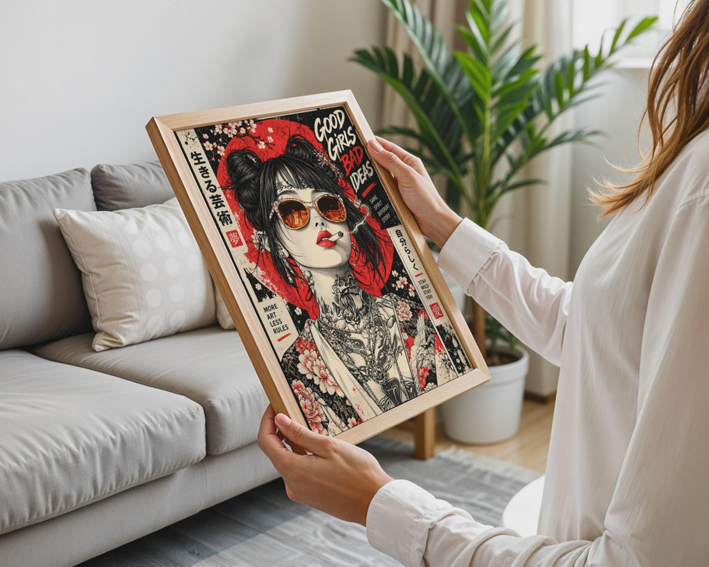 Japanese Street Art Poster, Tattooed Woman, Cherry Blossom, Red Sun, Grunge Wall Art