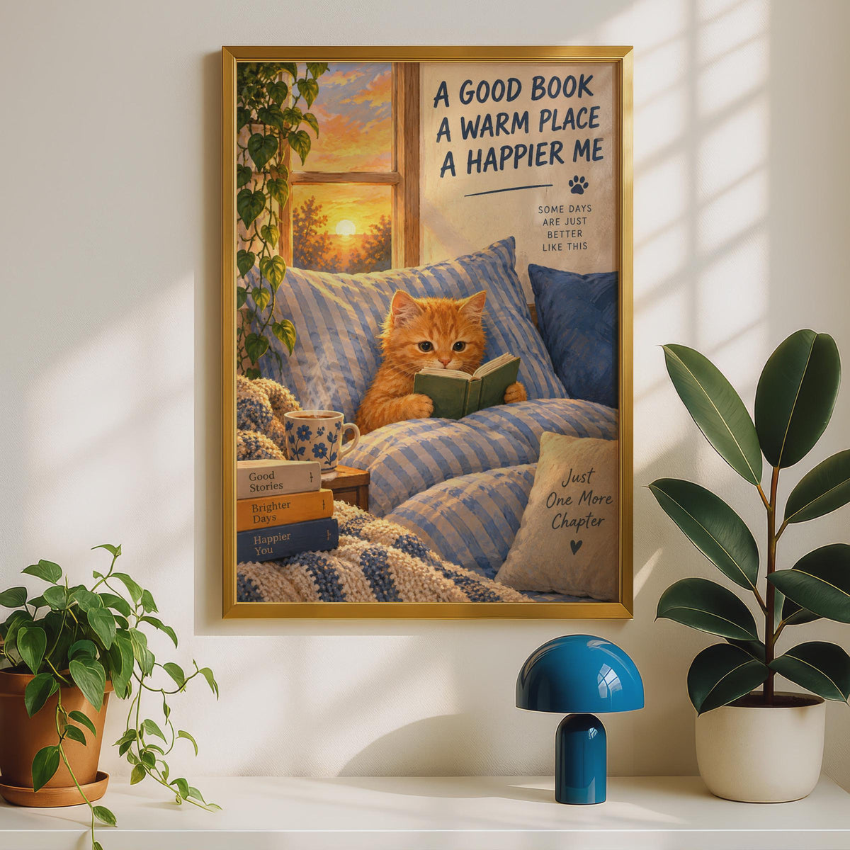 Ginger Kitten Reading Book Poster, Hygge Home Decor, Book Lover Gift