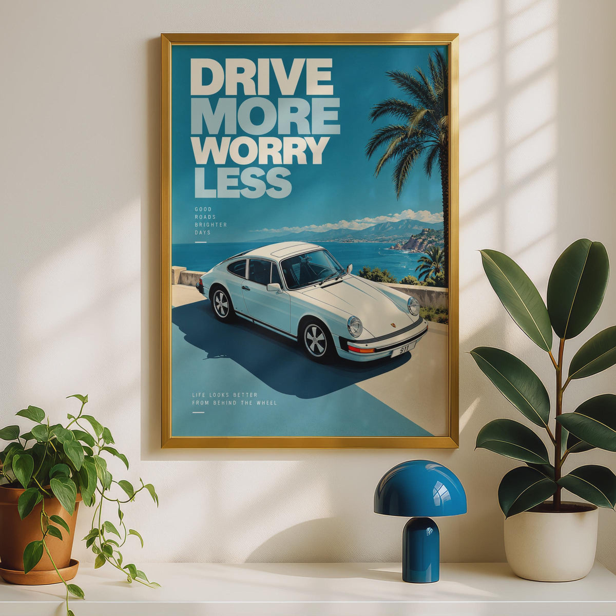 Drive More Worry Less Porsche 911 Poster, Retro Automotive Art, Coastal Road Print