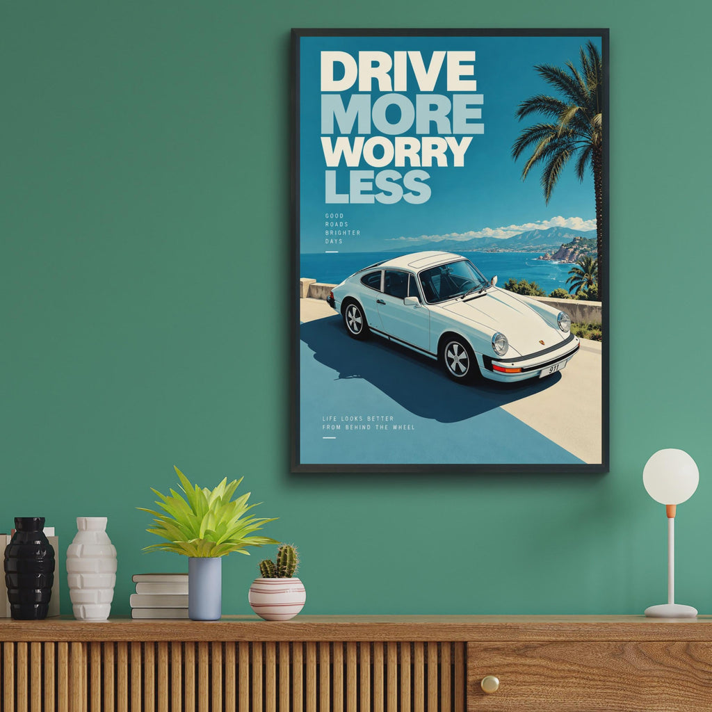 Drive More Worry Less Porsche 911 Poster, Retro Automotive Art, Coastal Road Print