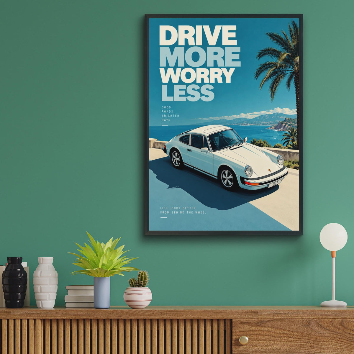 Drive More Worry Less Porsche 911 Poster, Retro Automotive Art, Coastal Road Print
