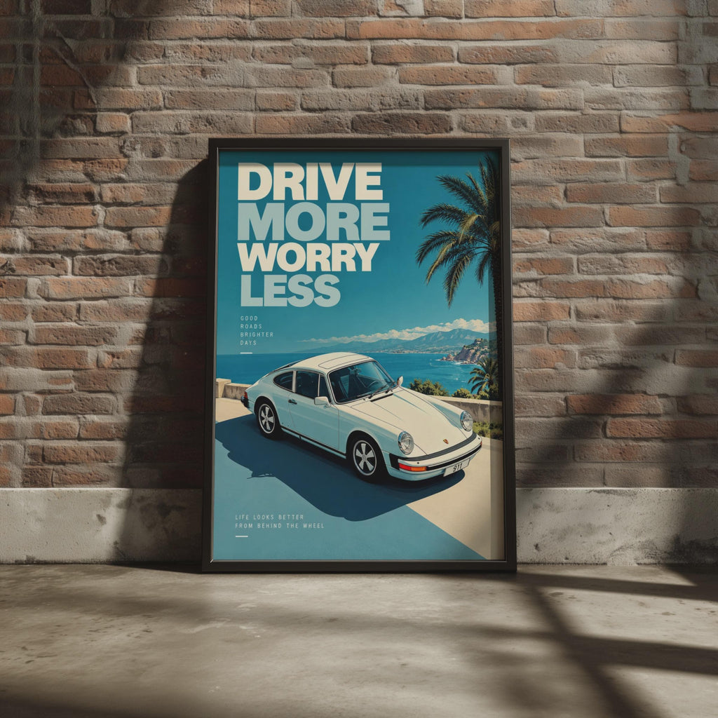 Drive More Worry Less Porsche 911 Poster, Retro Automotive Art, Coastal Road Print