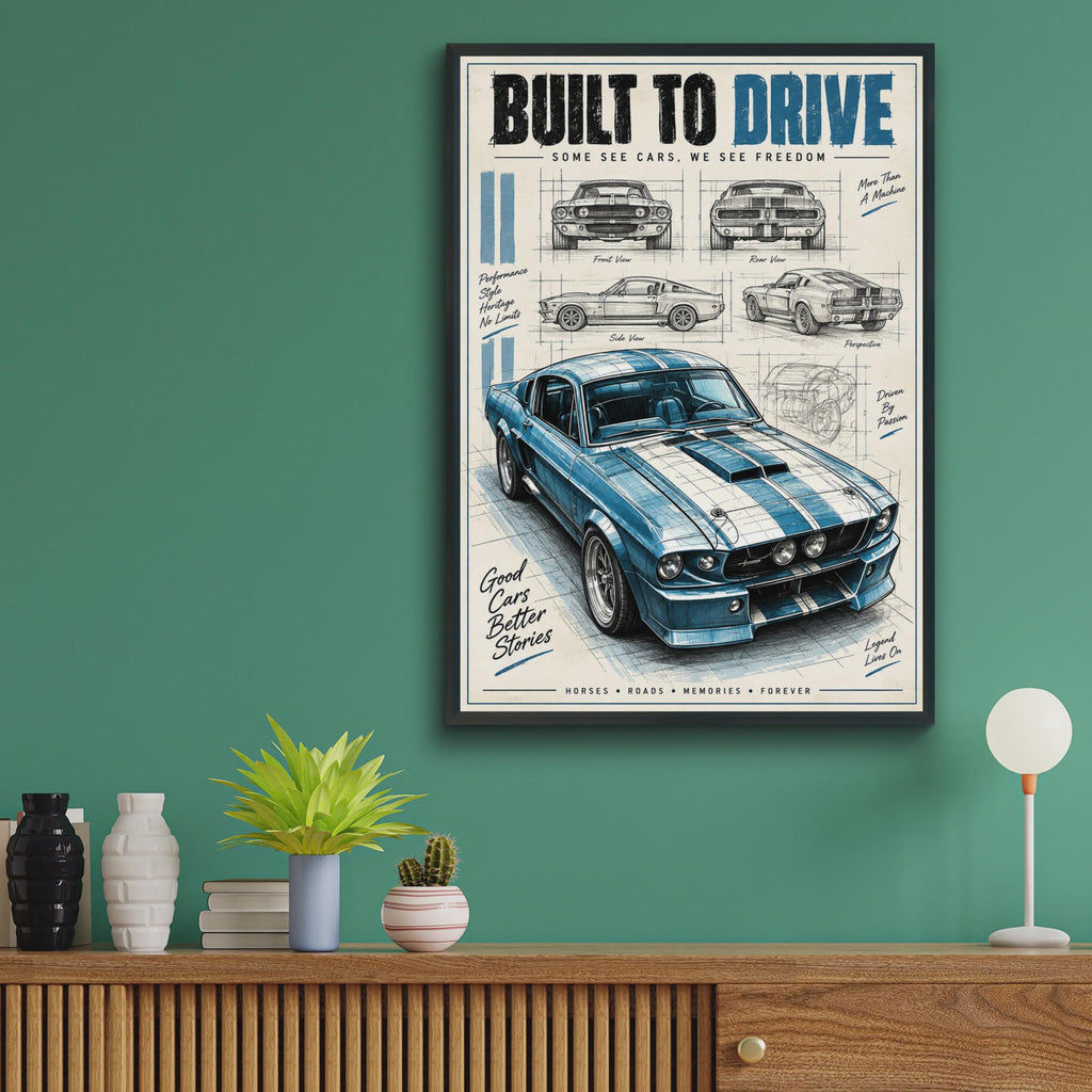 Built To Drive Shelby Mustang Blueprint Poster, Vintage Muscle Car Art (A4 Print)