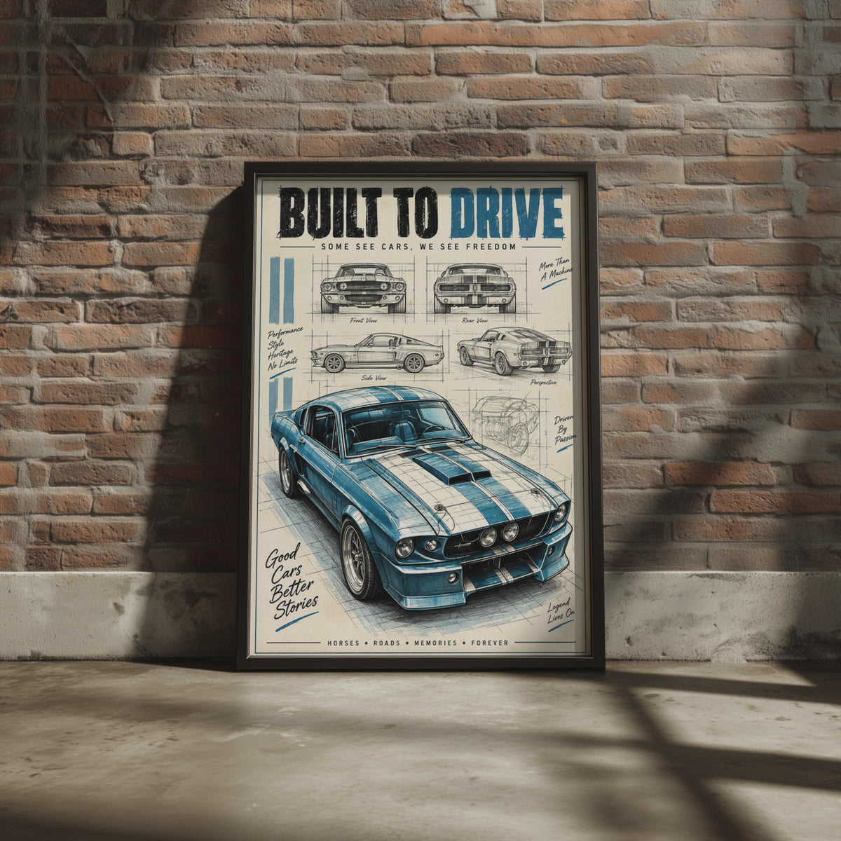 Built To Drive Shelby Mustang Blueprint Poster, Vintage Muscle Car Art (A4 Print)