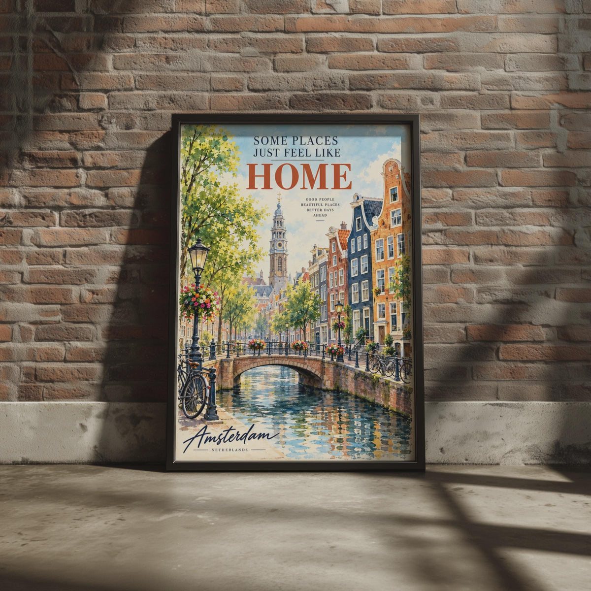 Amsterdam Canal Watercolour Poster, Westerkerk Bridge, Dutch City Print (Wall Art)