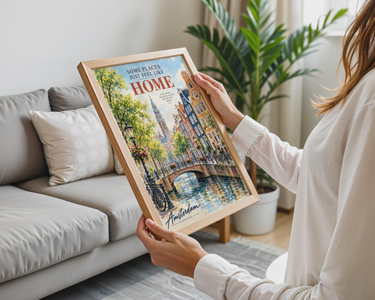 Amsterdam Canal Watercolour Poster, Westerkerk Bridge, Dutch City Print (Wall Art)