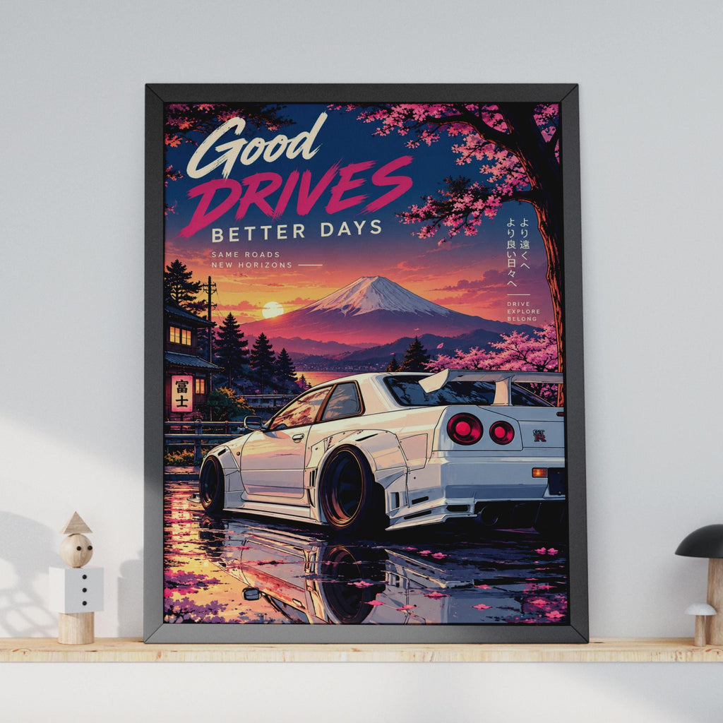 Nissan Skyline GTR R34 Poster, JDM Car Art, Mount Fuji Cherry Blossom Print, Anime Style
