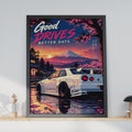 Nissan Skyline GTR R34 Poster, JDM Car Art, Mount Fuji Cherry Blossom Print, Anime Style