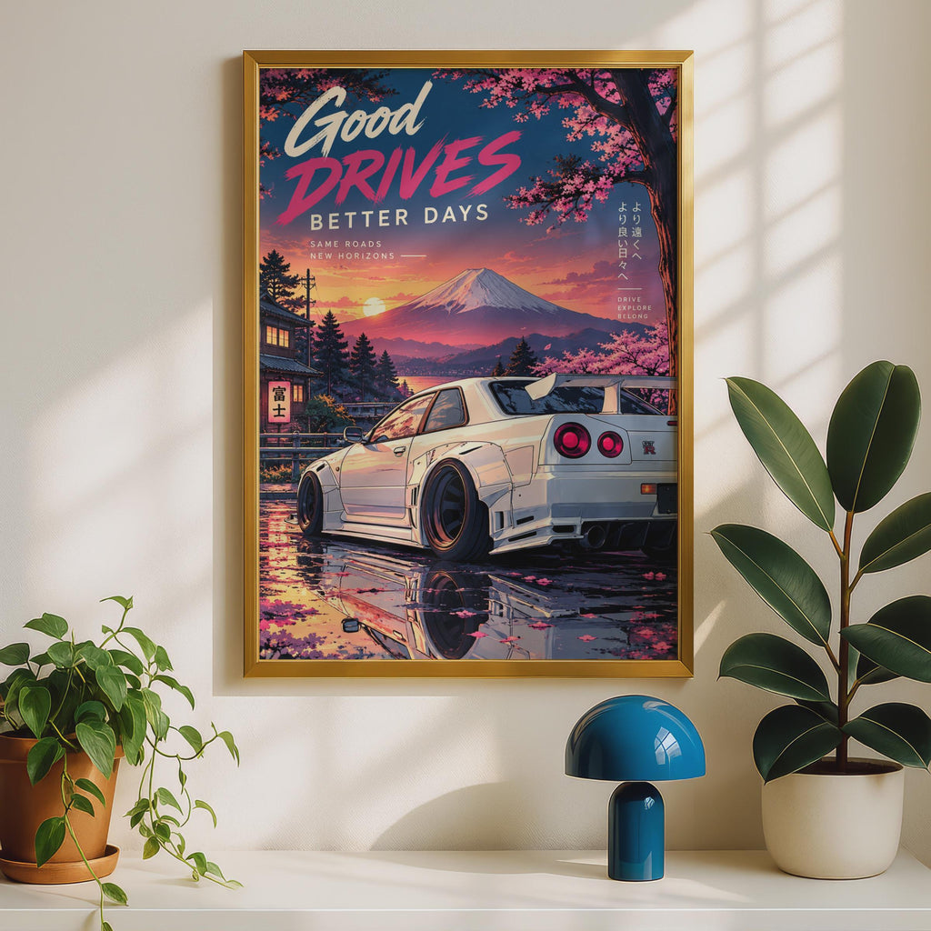Nissan Skyline GTR R34 Poster, JDM Car Art, Mount Fuji Cherry Blossom Print, Anime Style