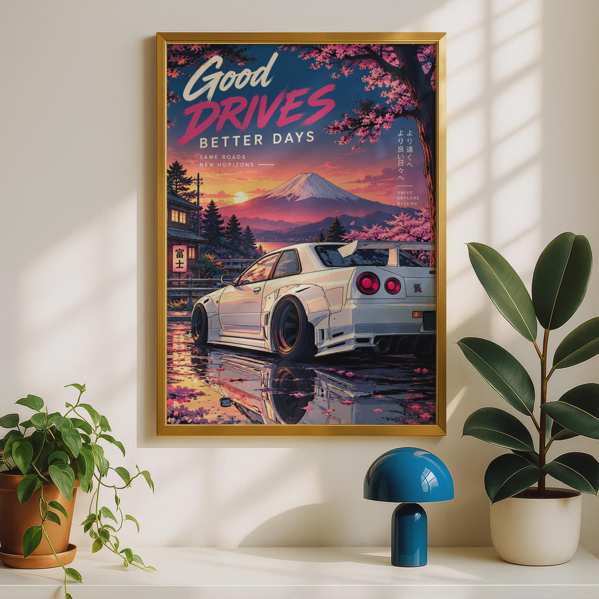 Nissan Skyline GTR R34 Poster, JDM Car Art, Mount Fuji Cherry Blossom Print, Anime Style