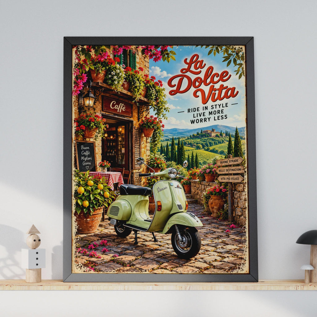 La Dolce Vita Vespa Scooter Poster, Italian Cafe Art, Tuscany Travel Decor