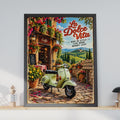 La Dolce Vita Vespa Scooter Poster, Italian Cafe Art, Tuscany Travel Decor