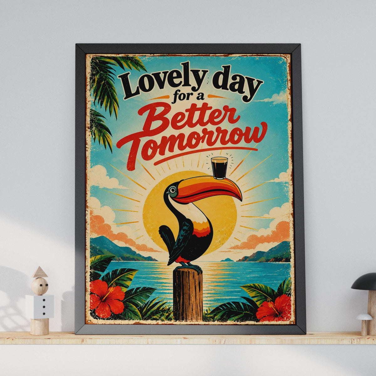 Retro Toucan Beer Poster, Tropical Sunrise, Humorous Quote Wall Art (Printed to Order)