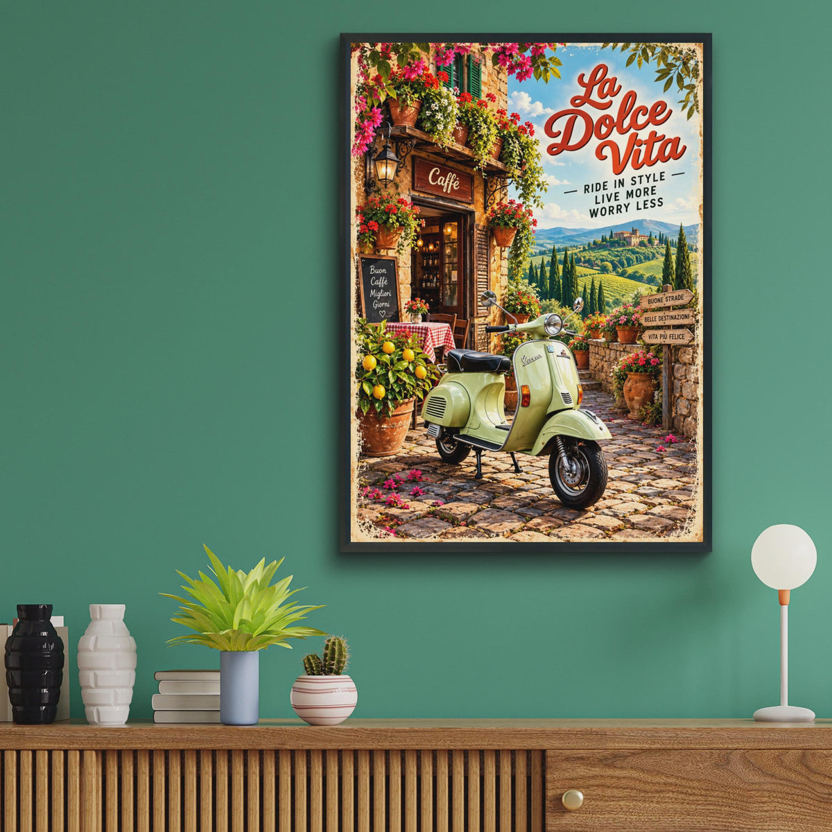 La Dolce Vita Vespa Scooter Poster, Italian Cafe Art, Tuscany Travel Decor