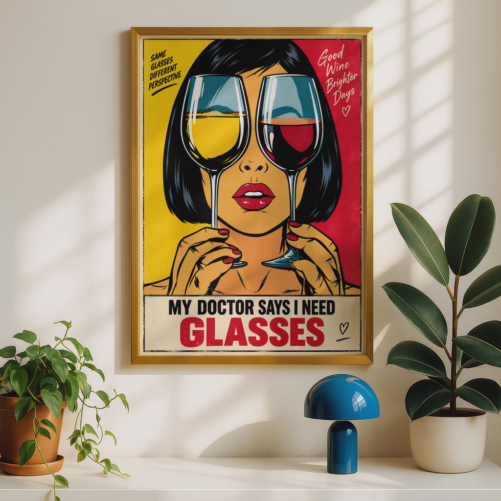 Funny Wine Lover Poster, Pop Art Glasses, Retro Kitchen Decor (Print)
