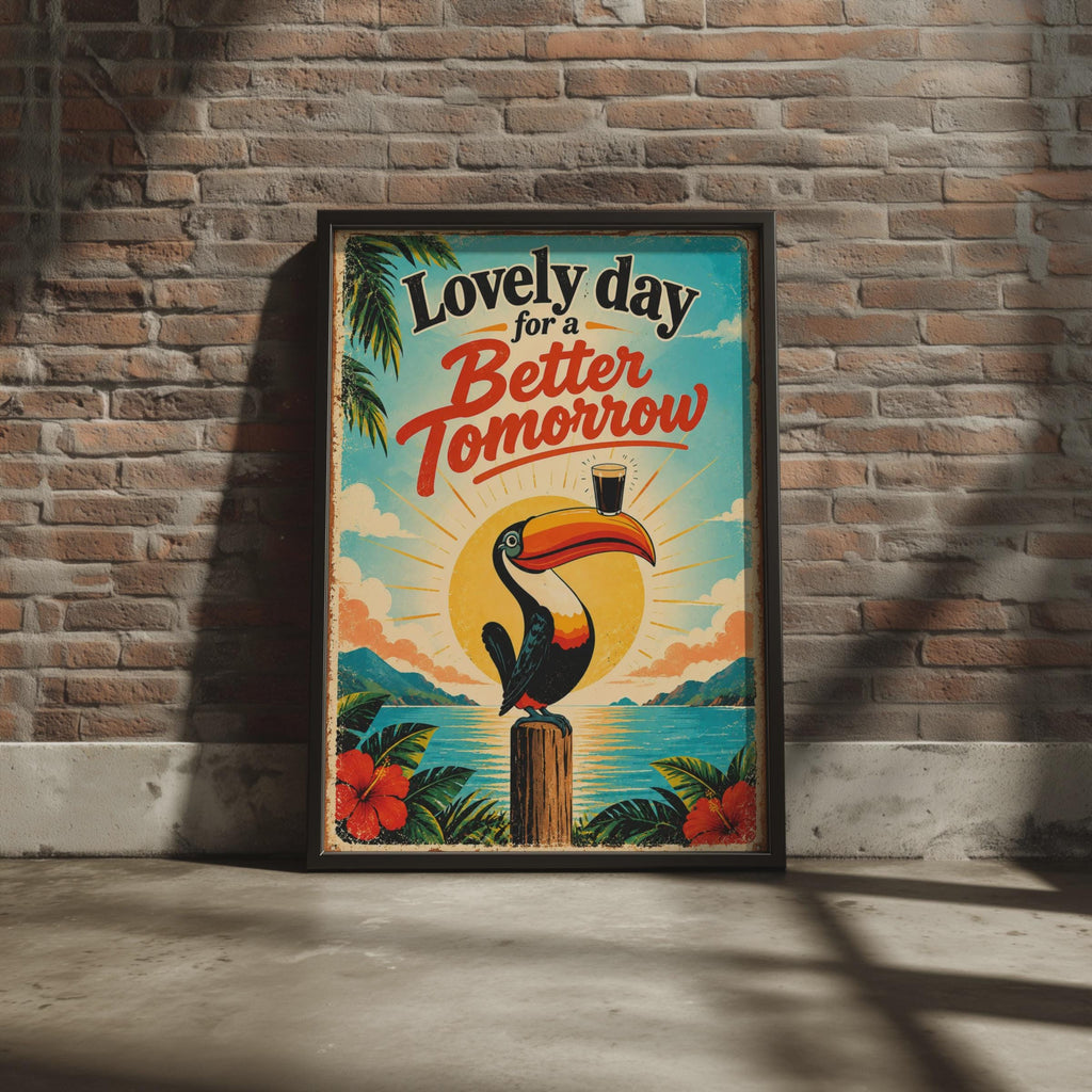 Retro Toucan Beer Poster, Tropical Sunrise, Humorous Quote Wall Art (Printed to Order)