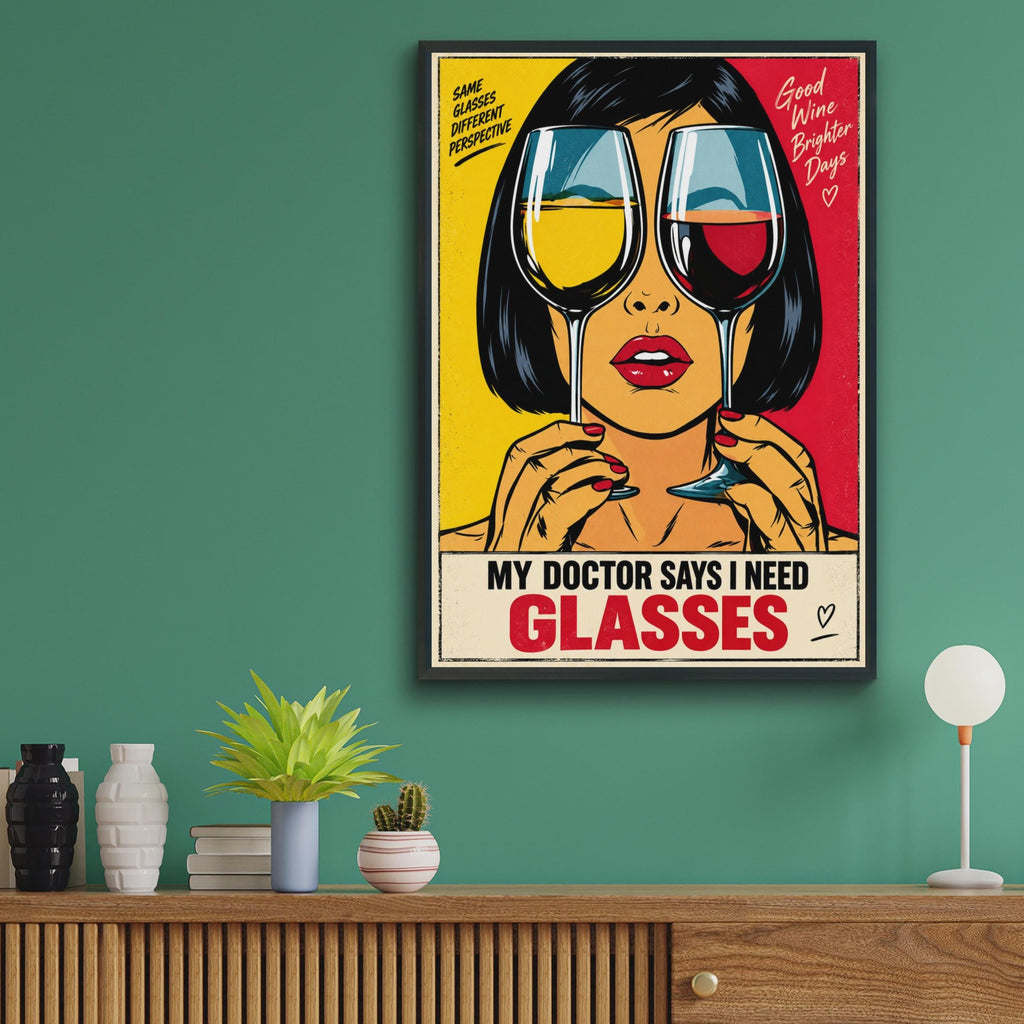 Funny Wine Lover Poster, Pop Art Glasses, Retro Kitchen Decor (Print)