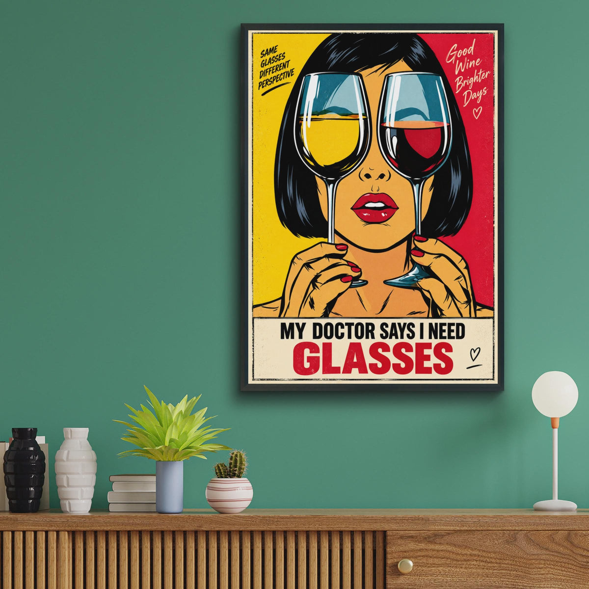 Funny Wine Lover Poster, Pop Art Glasses, Retro Kitchen Decor (Print)