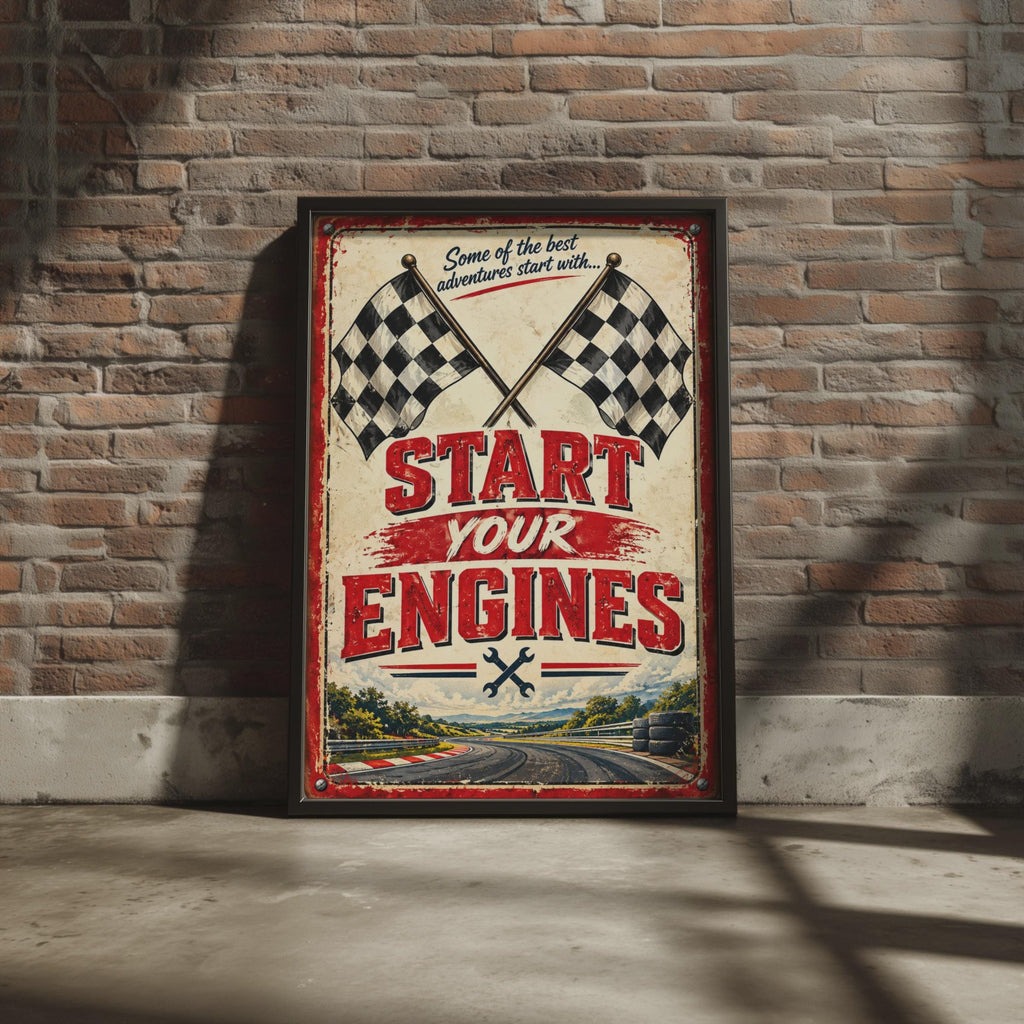 Start Your Engines Retro Racing Poster, Chequered Flag Motorsport Wall Art (A4)