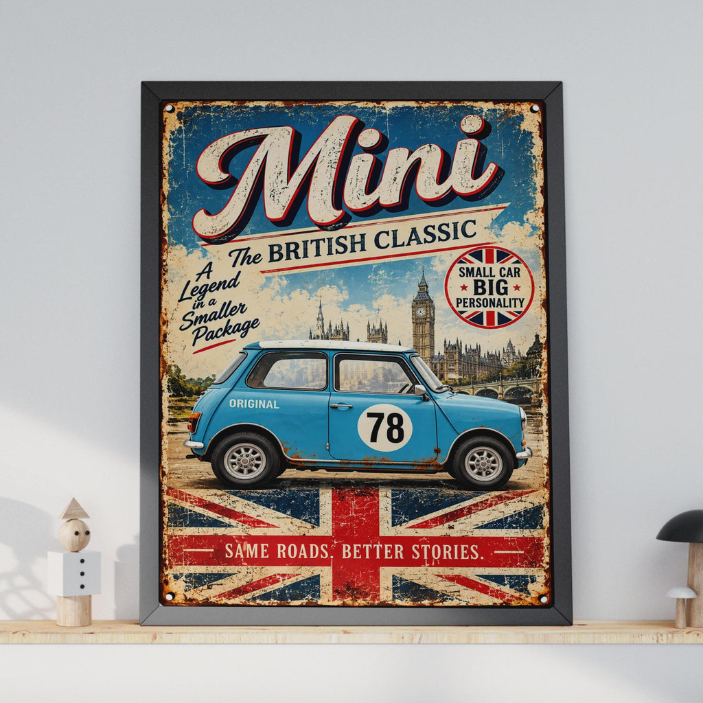Retro Mini Cooper Poster, British Classic Car Art, Big Ben, Union Jack (Print)