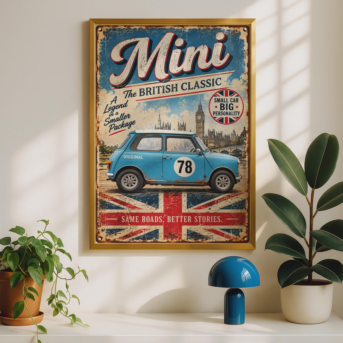 Retro Mini Cooper Poster, British Classic Car Art, Big Ben, Union Jack (Print)