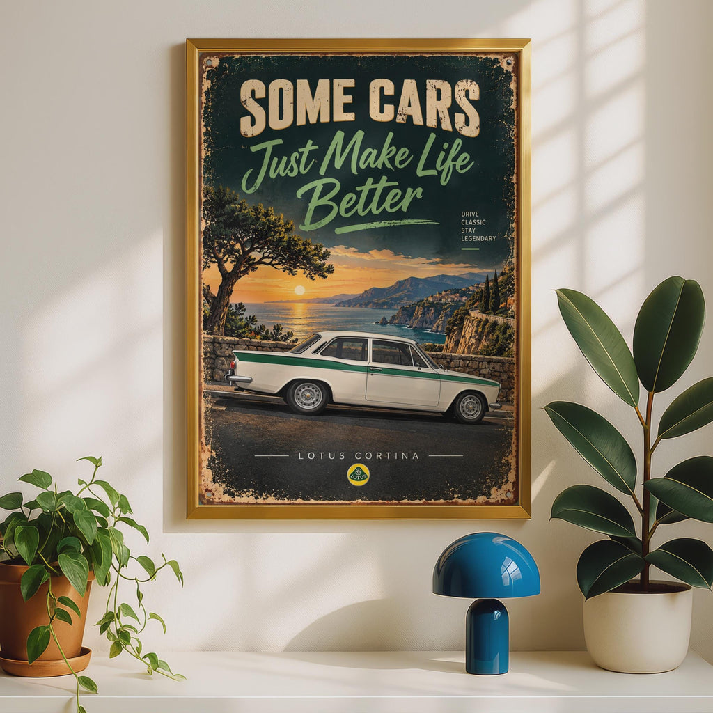 Lotus Cortina Classic Car Poster, Retro British Saloon, Coastal Sunset Art Print