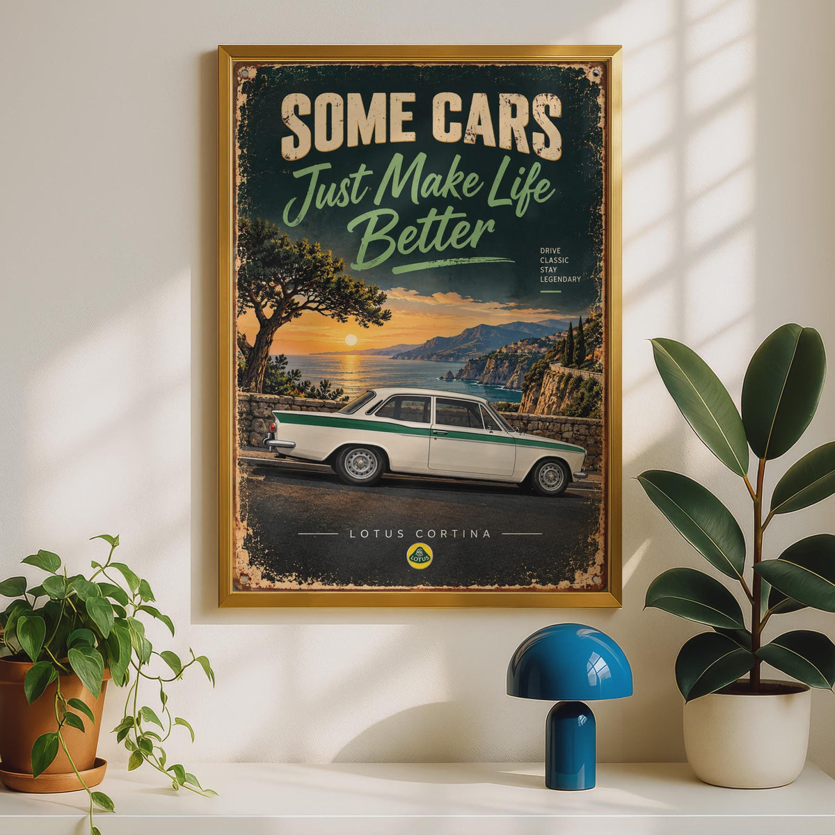 Lotus Cortina Classic Car Poster, Retro British Saloon, Coastal Sunset Art Print