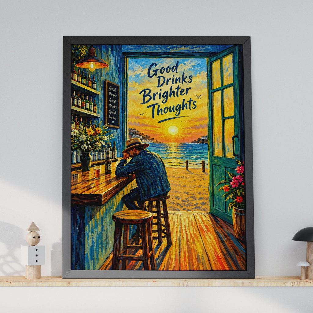 Van Gogh Style Beach Bar Poster, Sunset Ocean Quote, Coastal Home Decor (A4 Print)