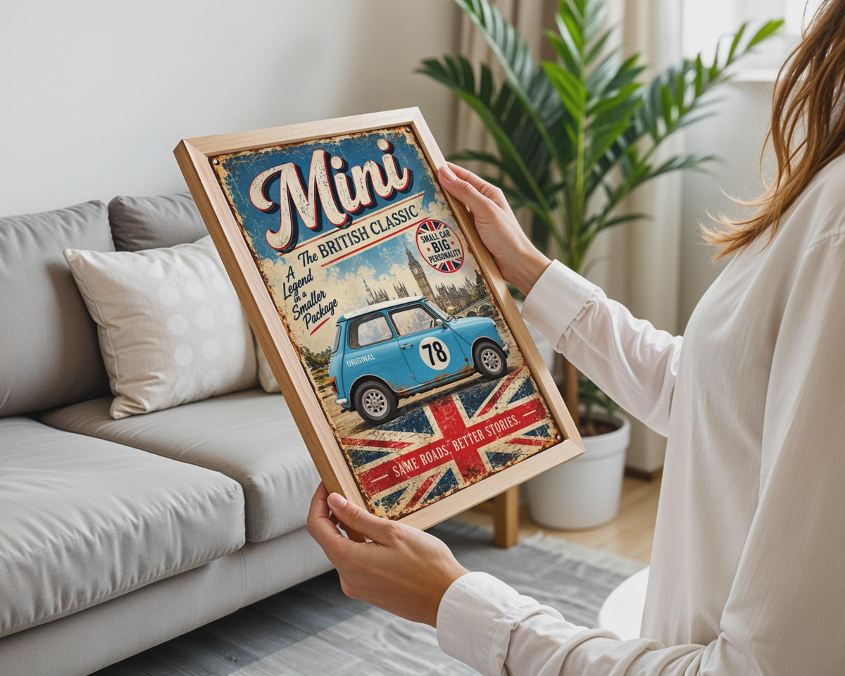 Retro Mini Cooper Poster, British Classic Car Art, Big Ben, Union Jack (Print)