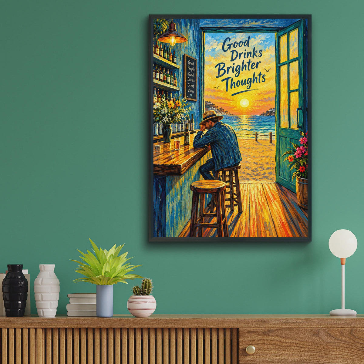 Van Gogh Style Beach Bar Poster, Sunset Ocean Quote, Coastal Home Decor (A4 Print)
