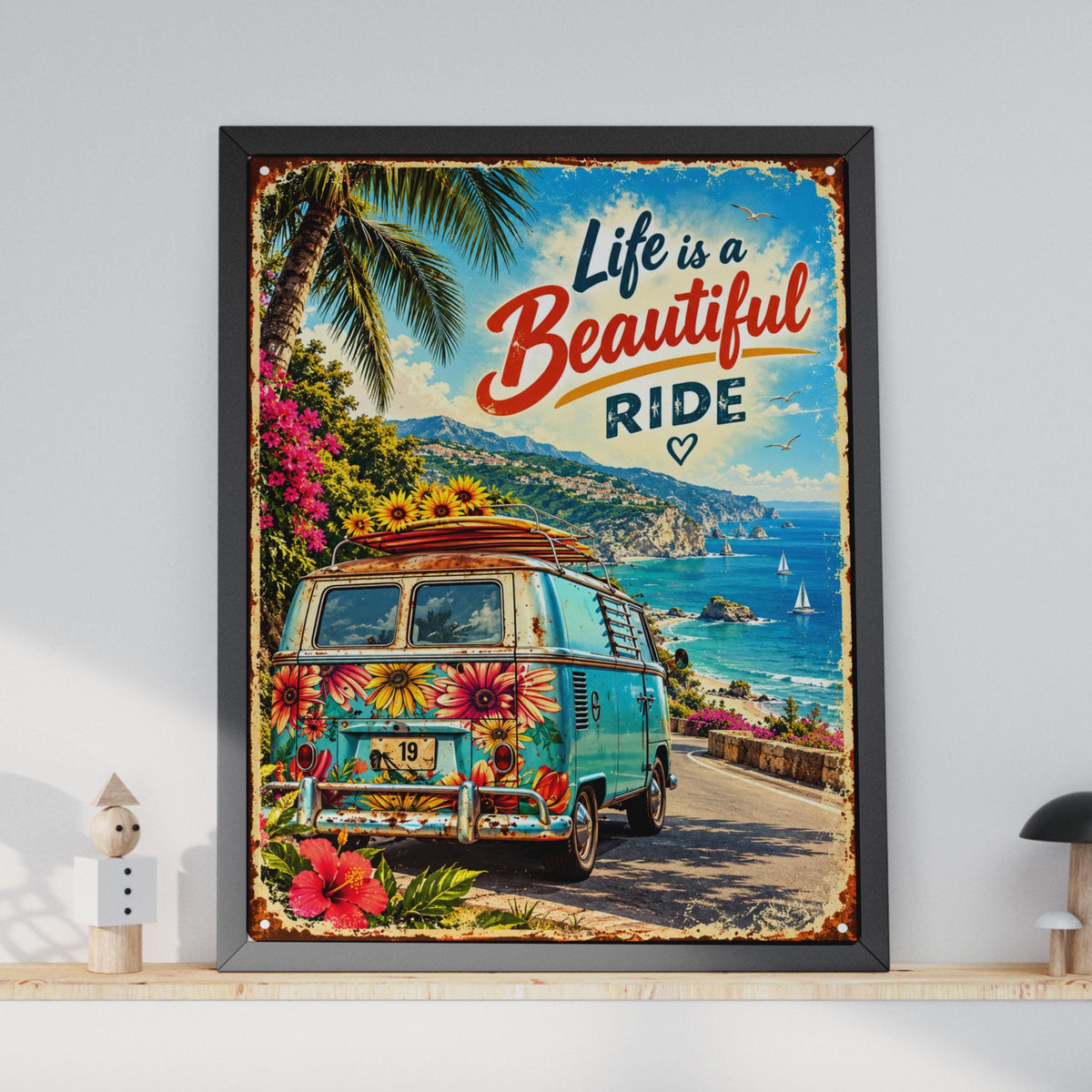 Retro Floral Campervan Poster, Mediterranean Coastal Road Trip Art (Print)