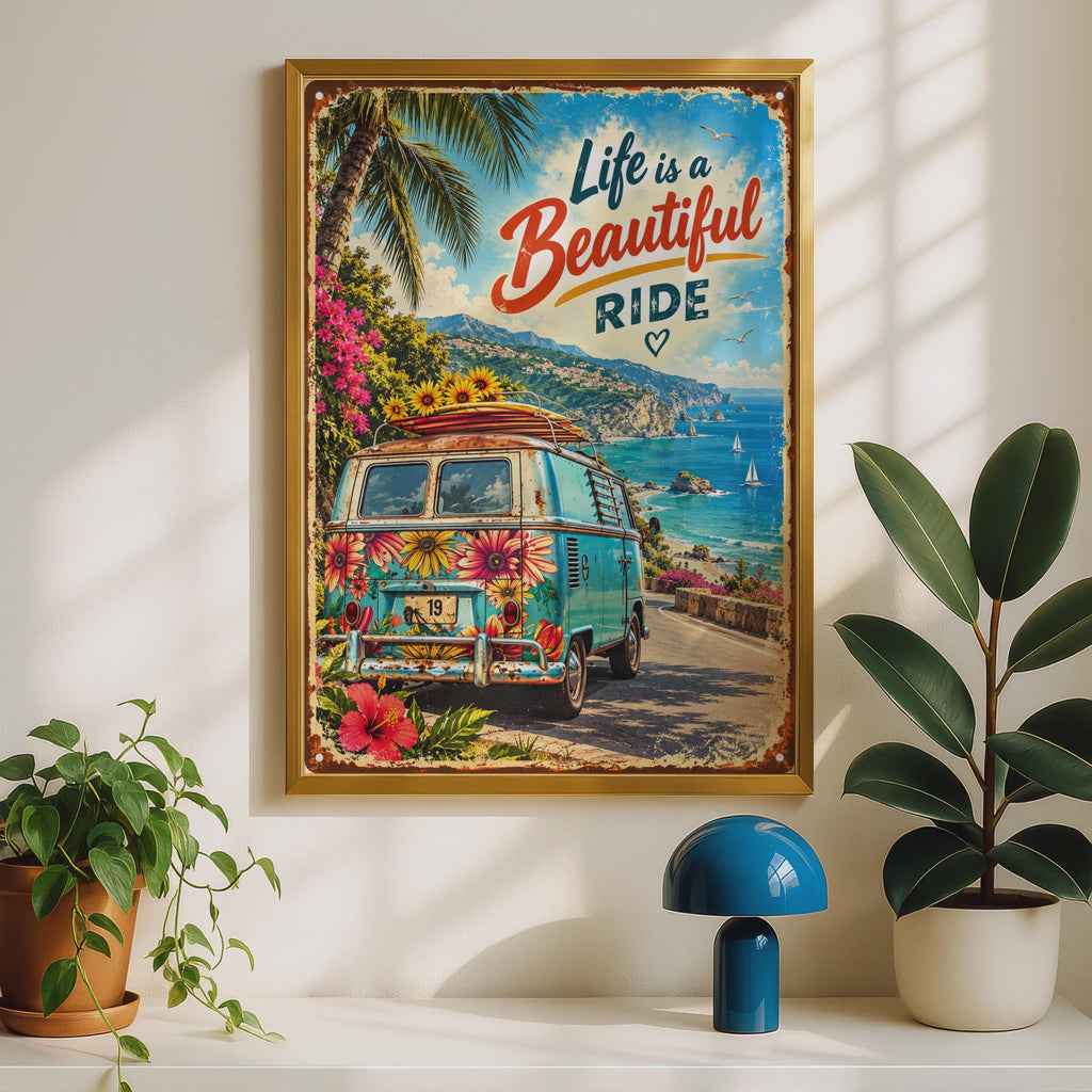Retro Floral Campervan Poster, Mediterranean Coastal Road Trip Art (Print)