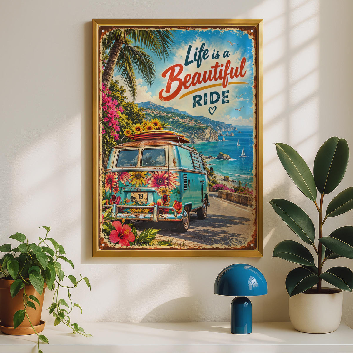 Retro Floral Campervan Poster, Mediterranean Coastal Road Trip Art (Print)