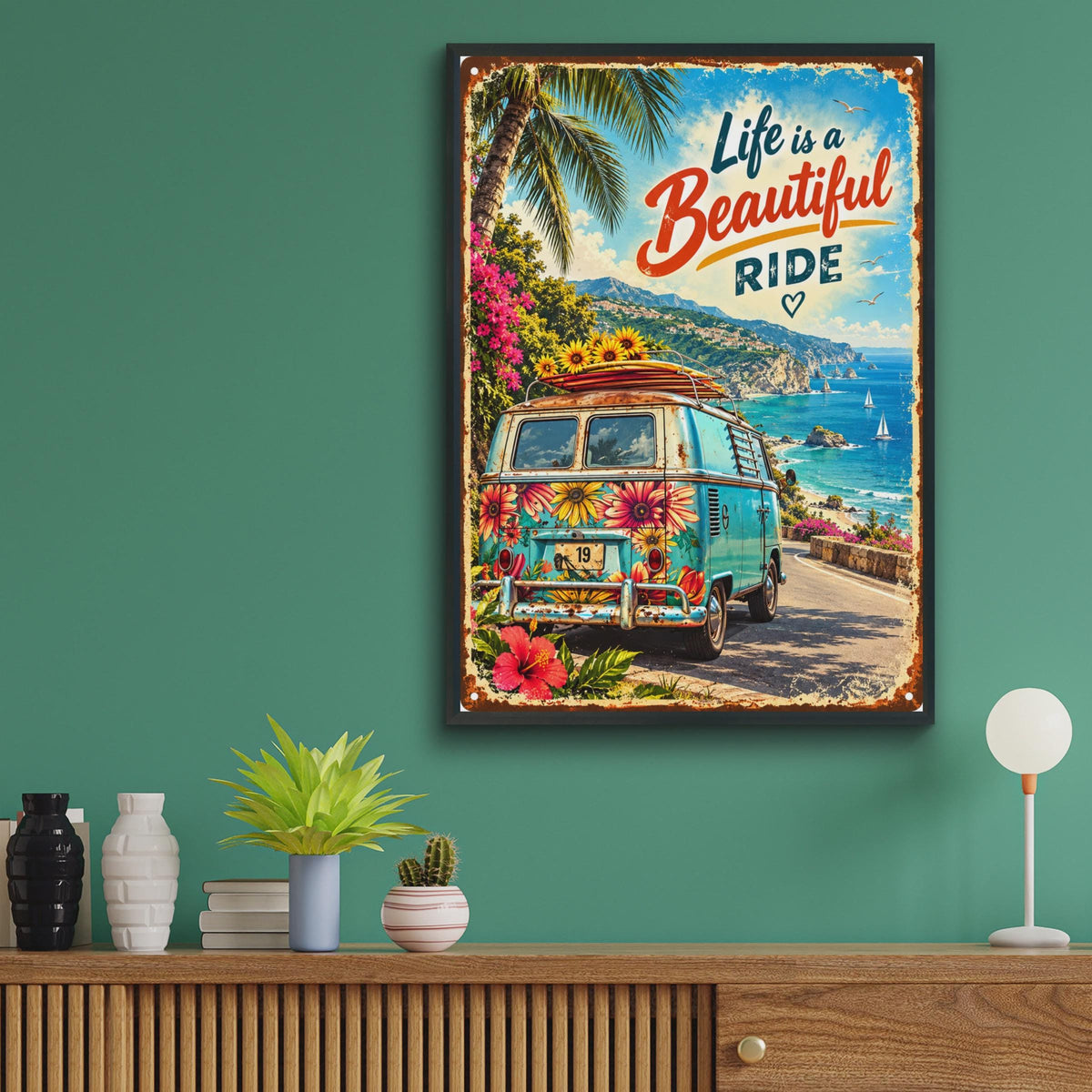 Retro Floral Campervan Poster, Mediterranean Coastal Road Trip Art (Print)