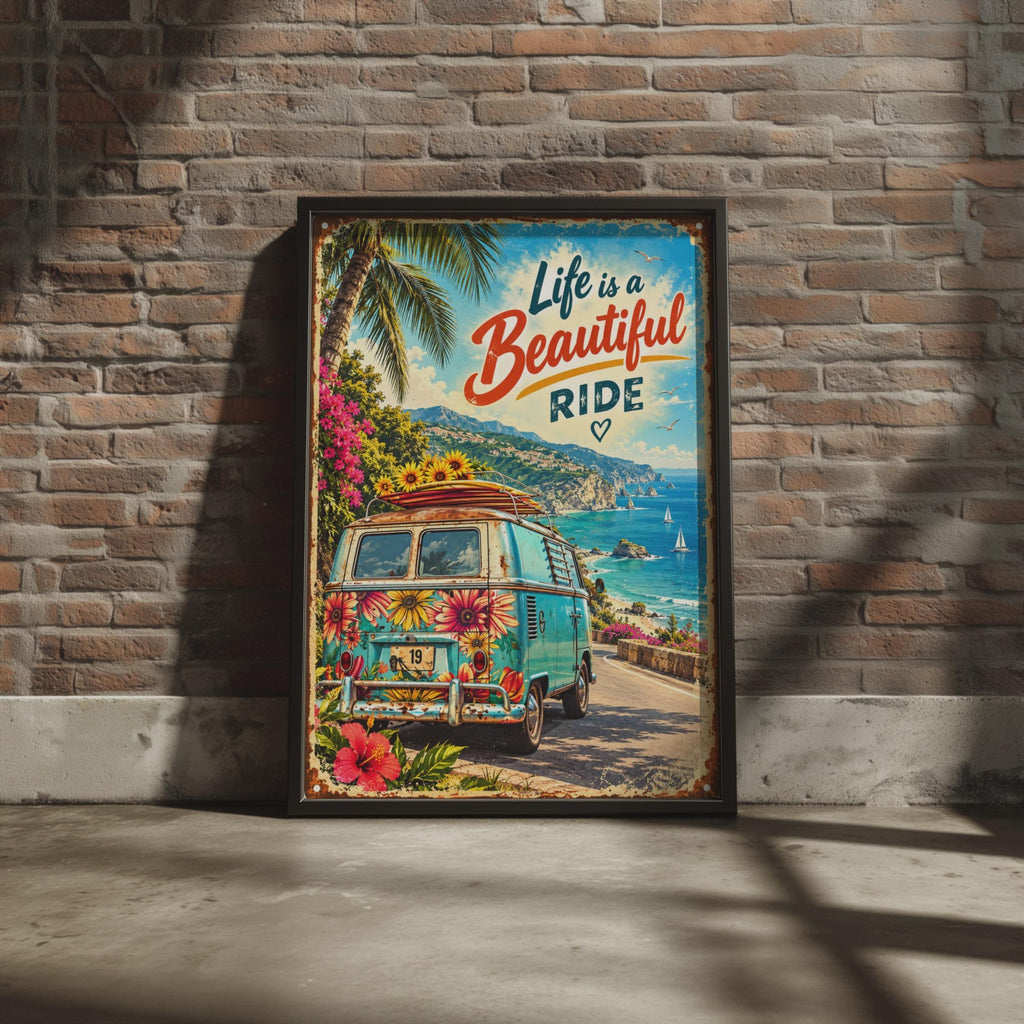 Retro Floral Campervan Poster, Mediterranean Coastal Road Trip Art (Print)