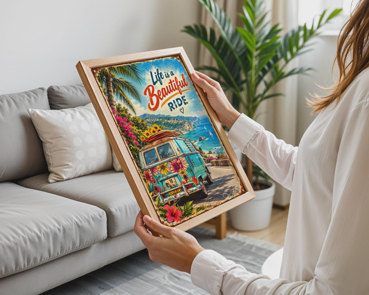 Retro Floral Campervan Poster, Mediterranean Coastal Road Trip Art (Print)