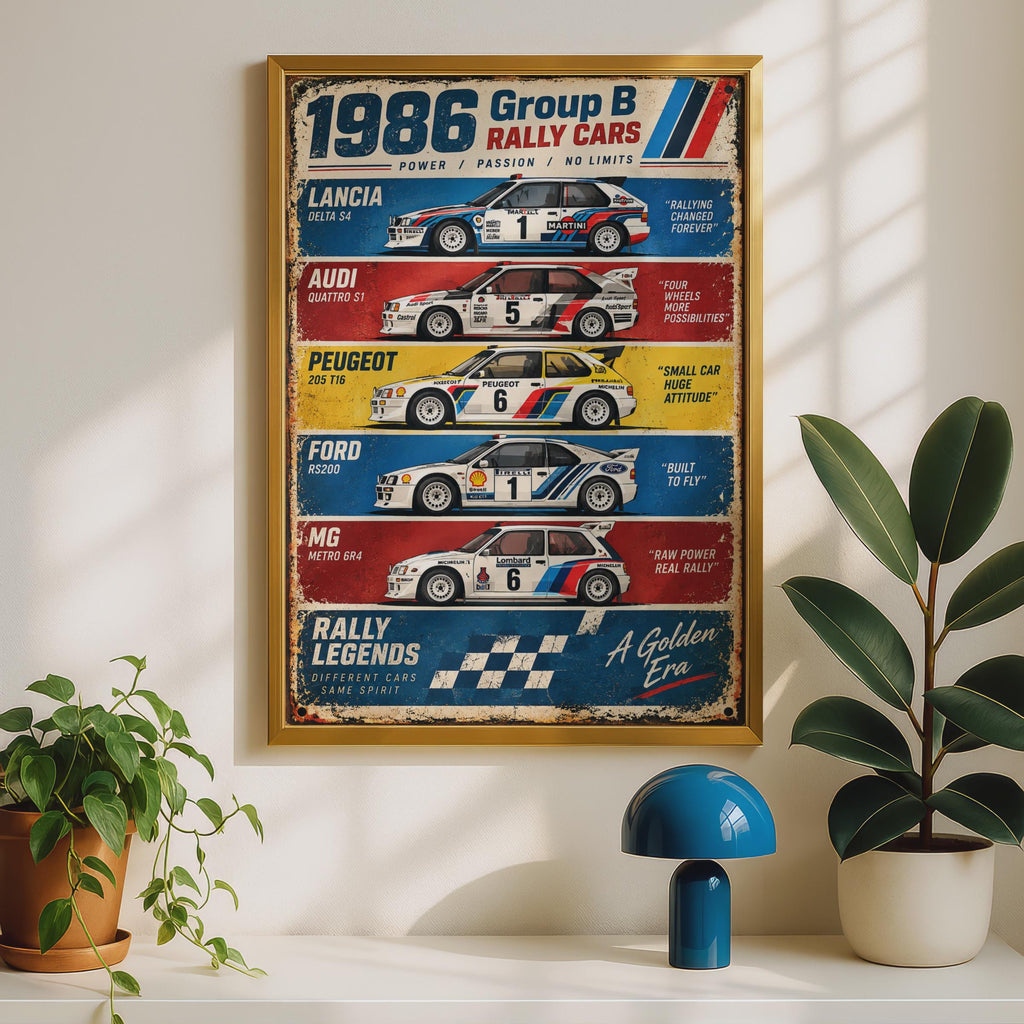 1986 Group B Rally Cars Poster: Lancia, Audi, Peugeot, Ford, MG Wall Art Print