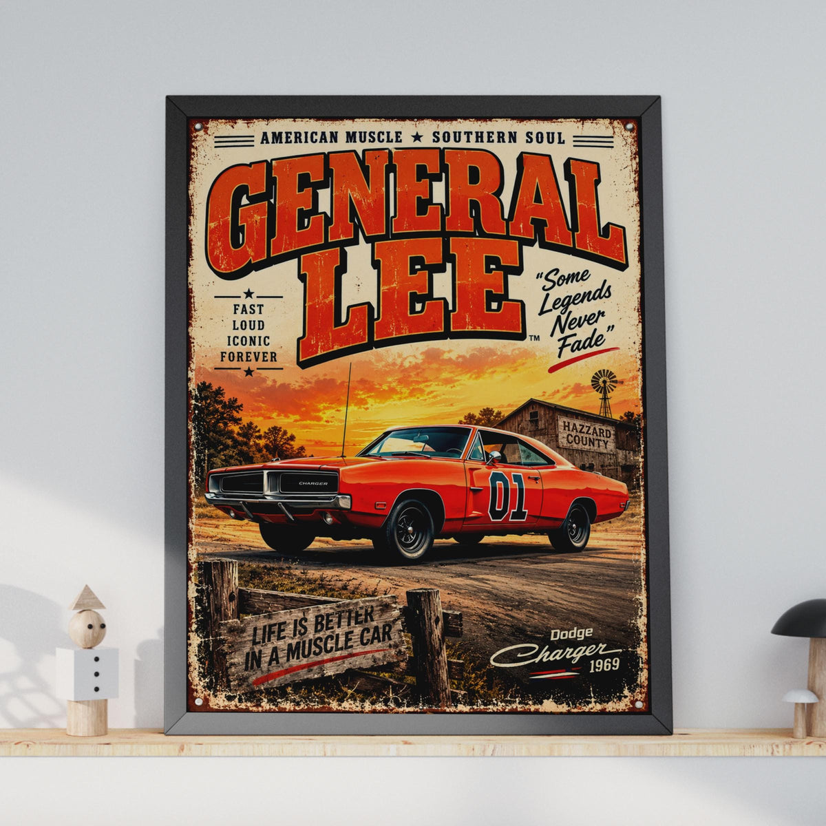 General Lee 1969 Dodge Charger Poster, Dukes of Hazzard Retro Wall Art (A4)