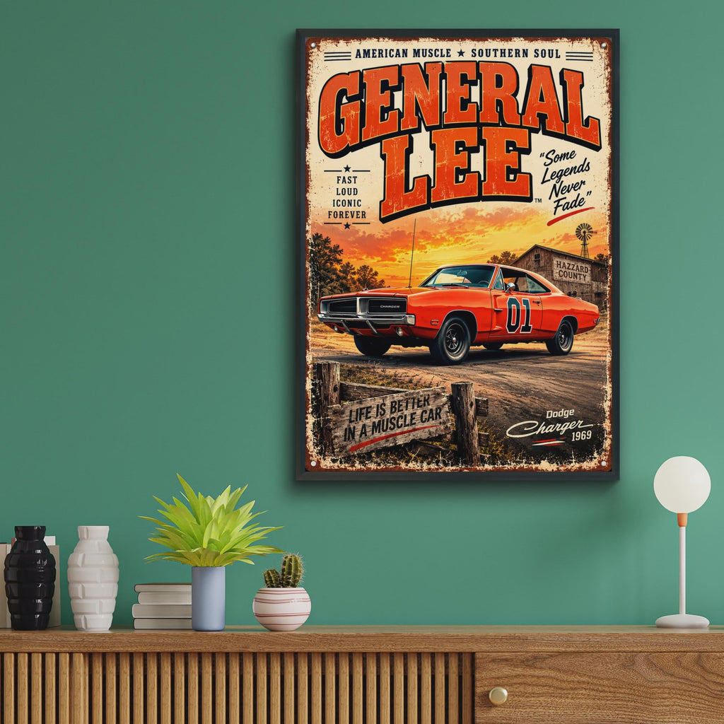 General Lee 1969 Dodge Charger Poster, Dukes of Hazzard Retro Wall Art (A4)