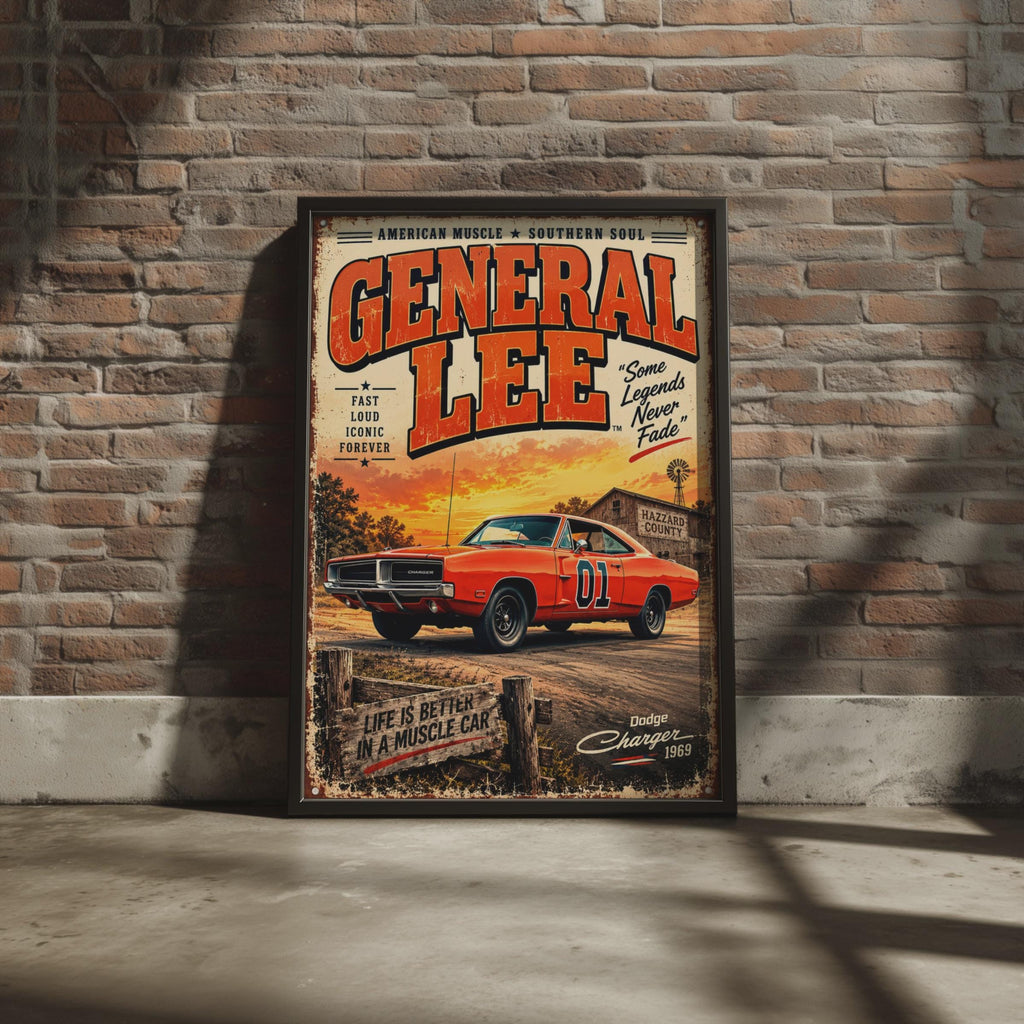 General Lee 1969 Dodge Charger Poster, Dukes of Hazzard Retro Wall Art (A4)