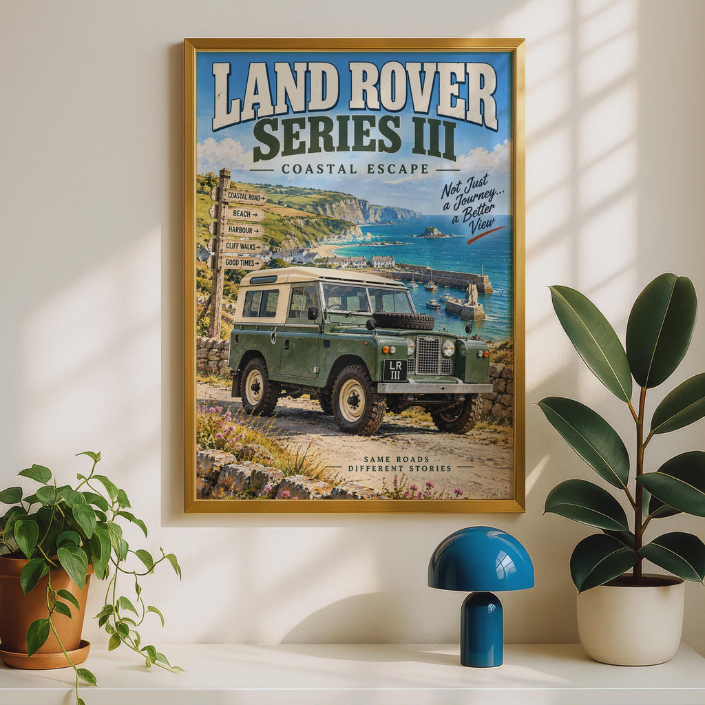 Land Rover Series III Coastal Escape Poster, Retro British 4x4 Wall Art Print