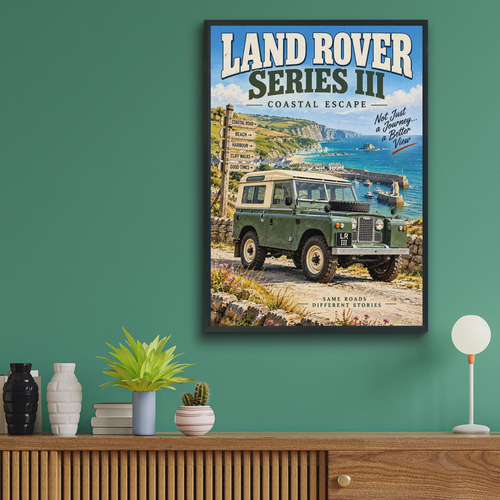 Land Rover Series III Coastal Escape Poster, Retro British 4x4 Wall Art Print