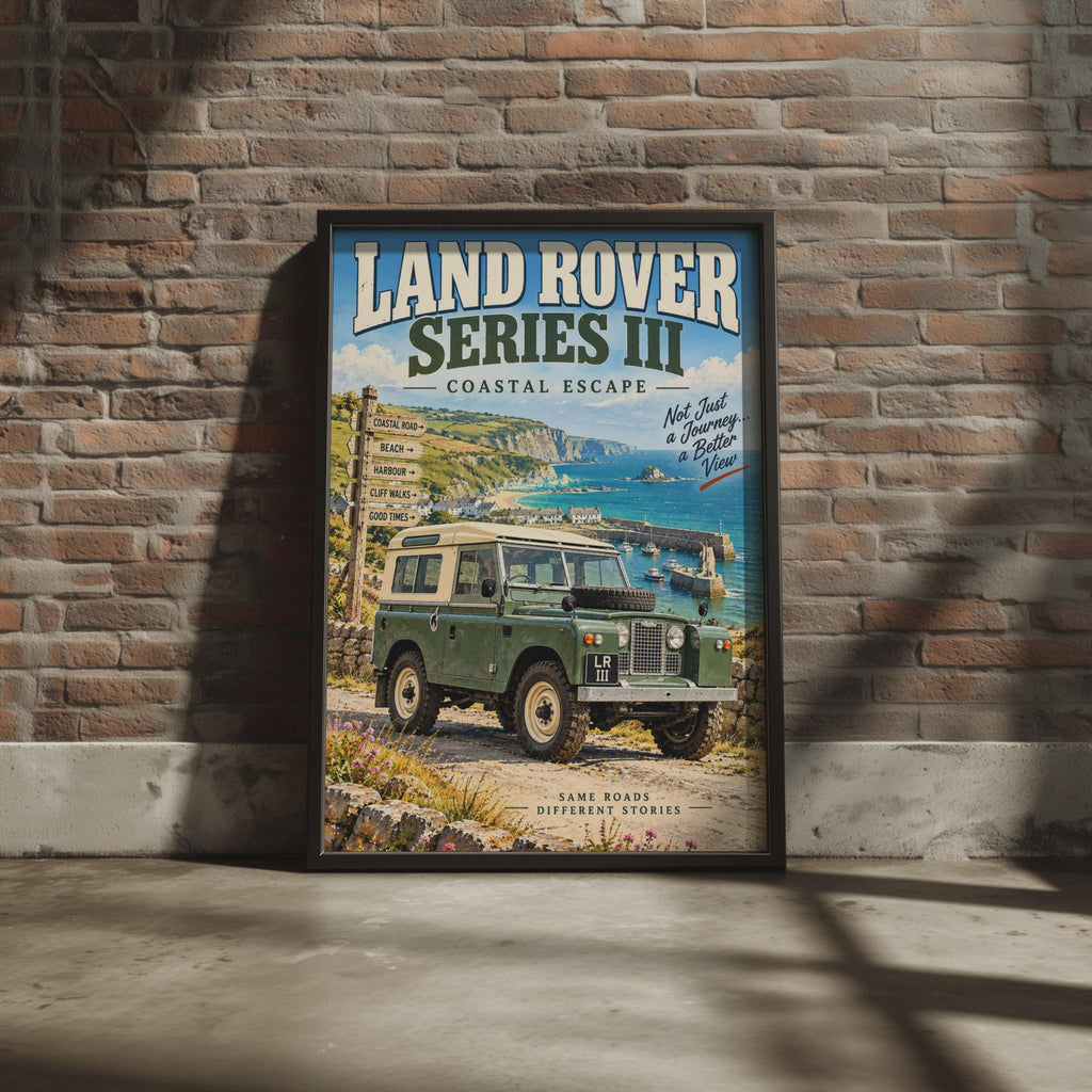 Land Rover Series III Coastal Escape Poster, Retro British 4x4 Wall Art Print