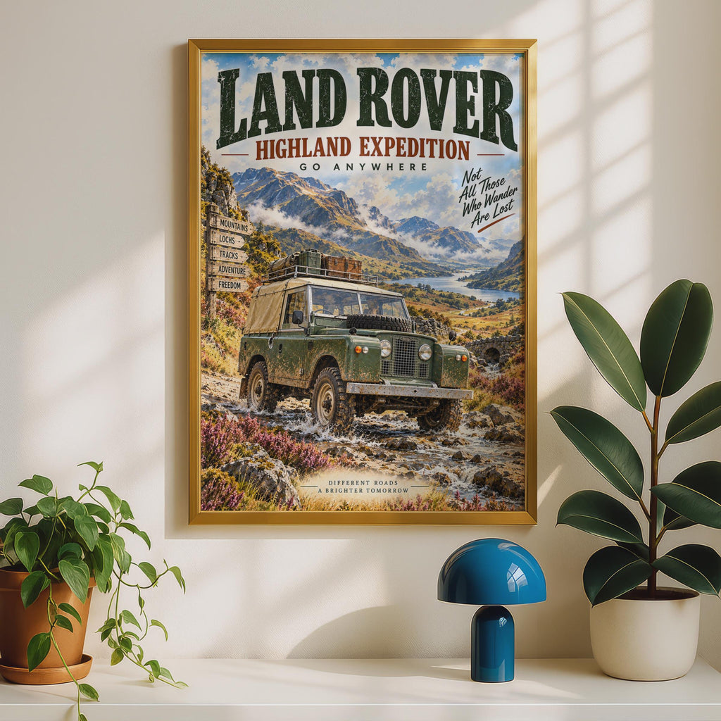 Land Rover Highland Expedition Poster, Vintage 4x4 Off-Road Wall Art (A4)