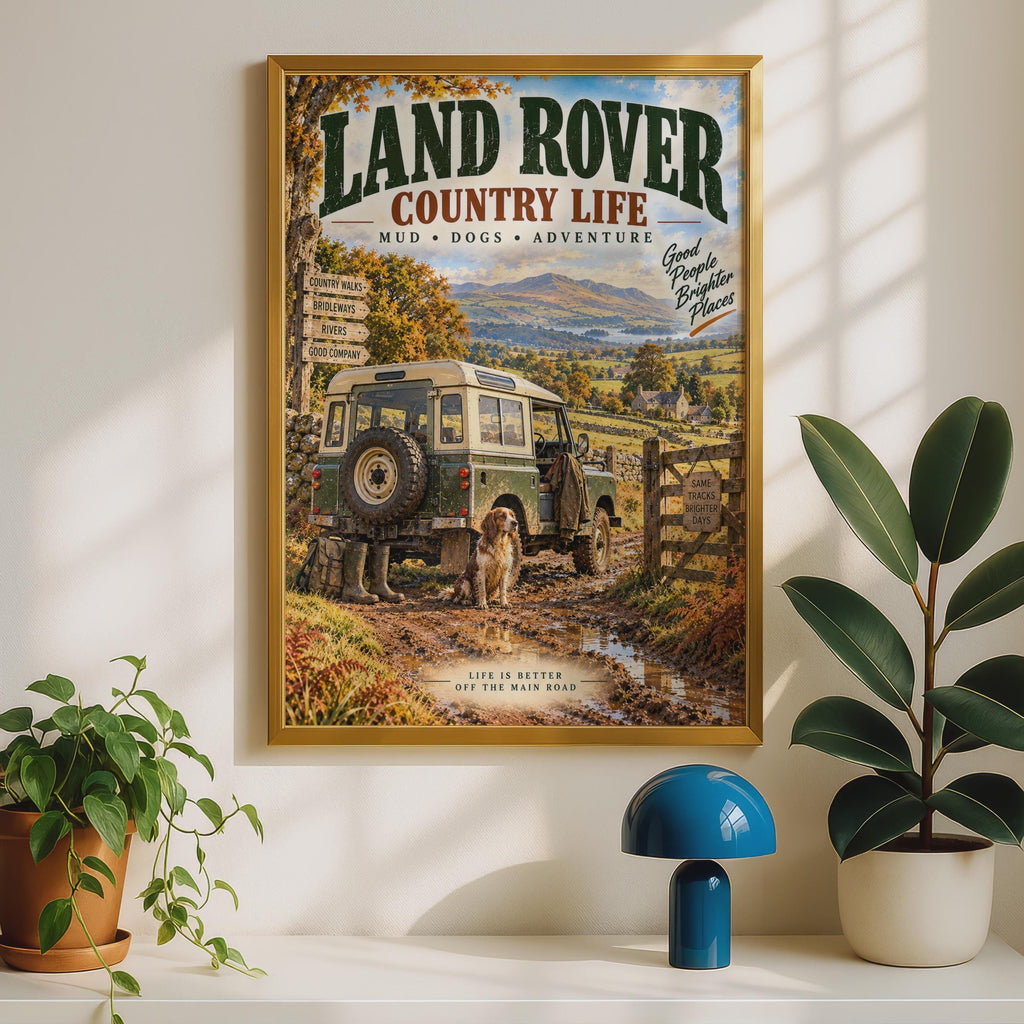 Land Rover Country Life Poster, Mud Dogs Adventure Print, British Countryside Wall Art