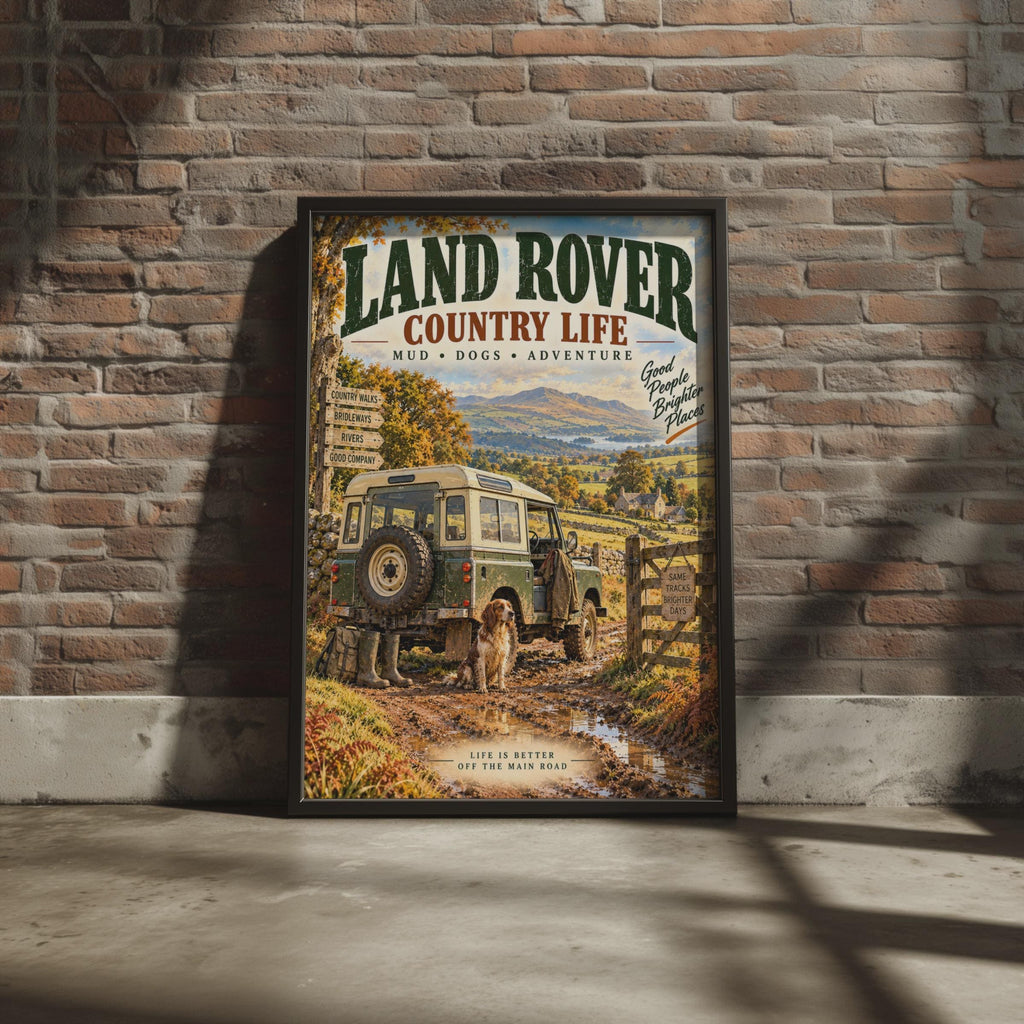 Land Rover Country Life Poster, Mud Dogs Adventure Print, British Countryside Wall Art