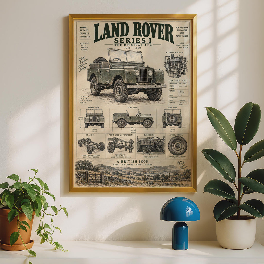Land Rover Series I Blueprint Poster, Vintage 4x4 Technical Art Print (1948-1958)