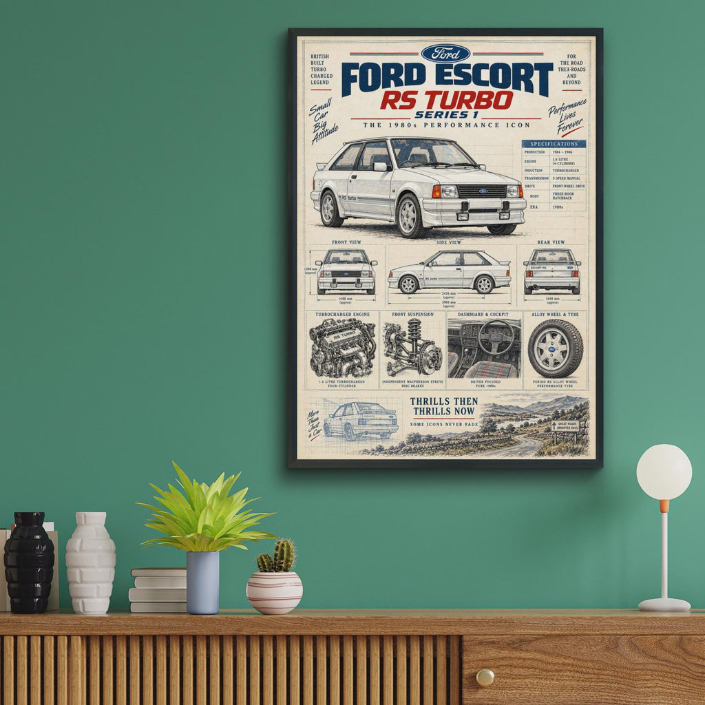 Ford Escort RS Turbo Series 1 Poster, 1980s Classic Car Print, Blueprint Wall Art, British Retro Car Gift