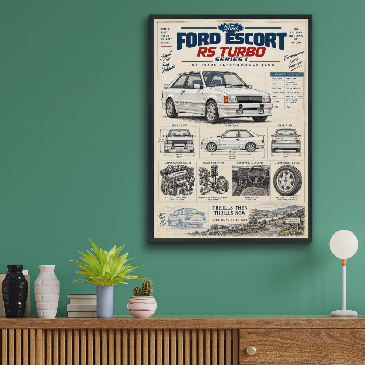 Ford Escort RS Turbo Series 1 Poster, 1980s Classic Car Print, Blueprint Wall Art, British Retro Car Gift